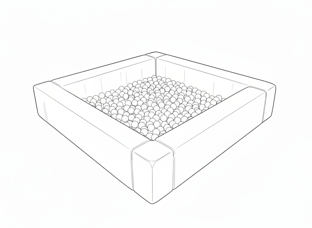 illustration of white ball pit 51" x 51" x 10" with white balls