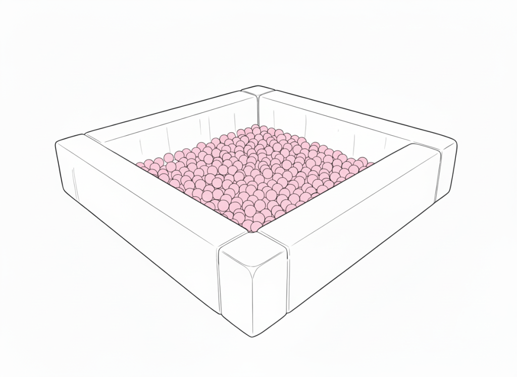 illustration of white ball pit 51" x 51" x 10" with pastel pink balls