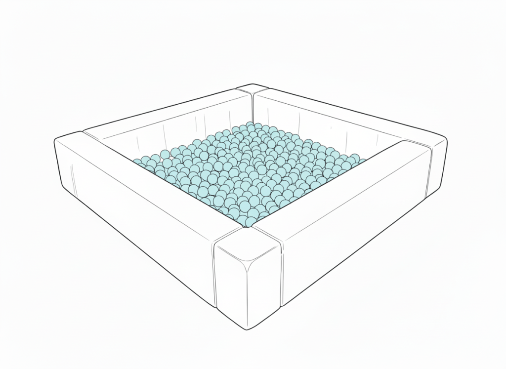 illustration of white ball pit 51" x 51" x 10" with pastel blue balls